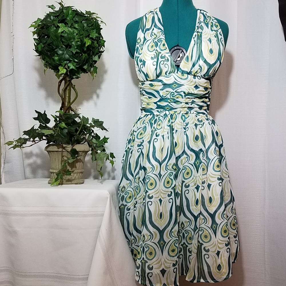 Scarlett Teal, White & Lime Patterned Halter Dress
